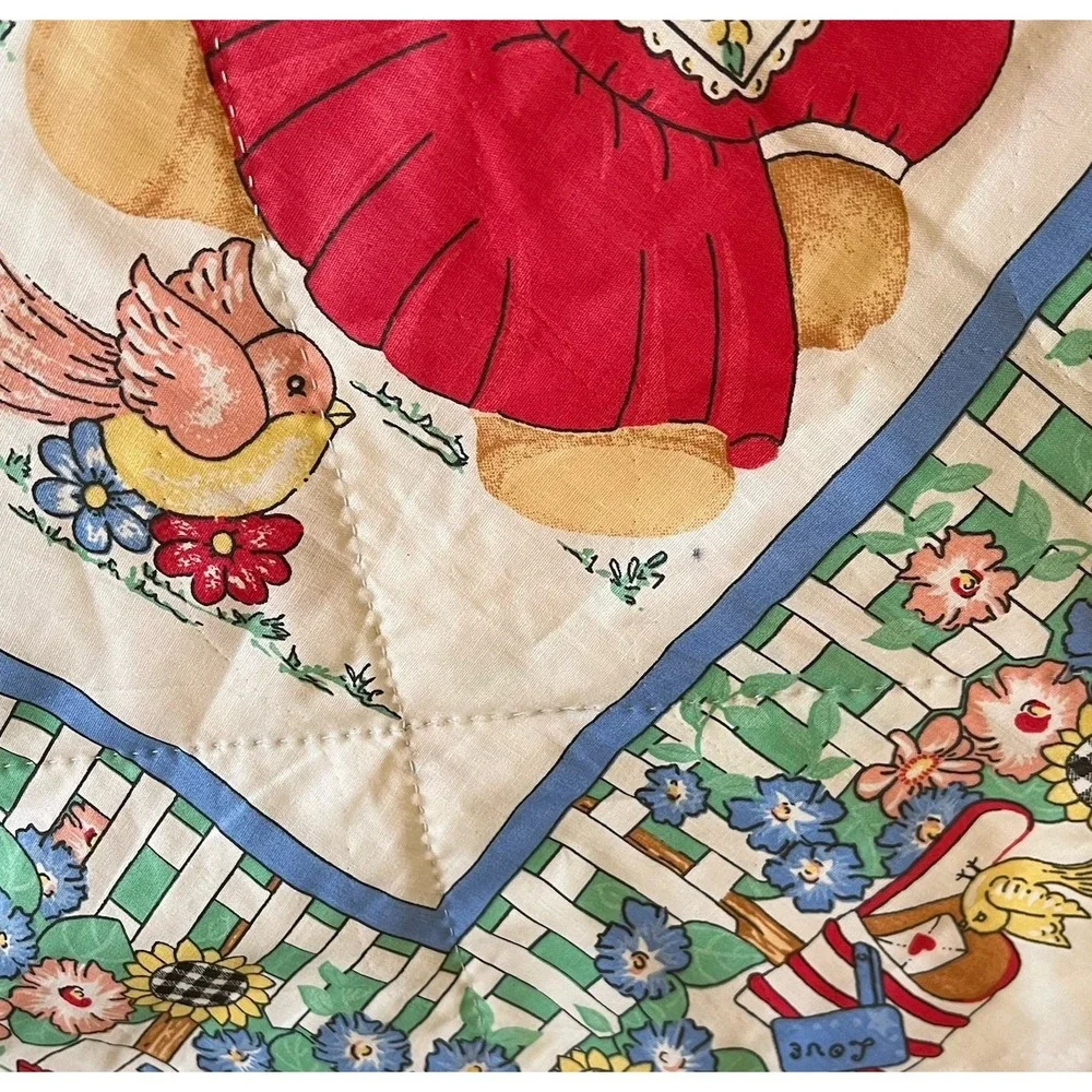 Vtg‎ Gardening Blue Jean Teddy Bear Blanket Family Baby Quilt Handmade 34